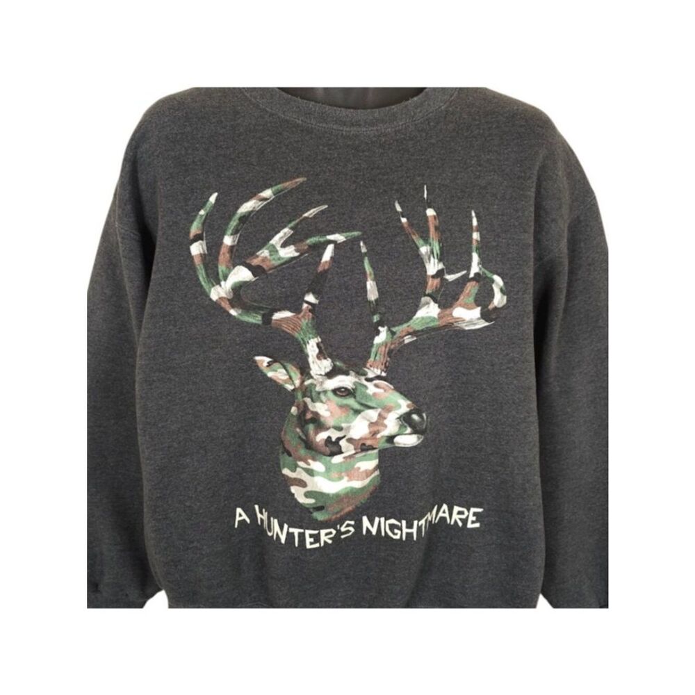 Vintage Deer Hunting Sweatshirt Mens Size XL Gray 90s Hunters Nightmare Camo
